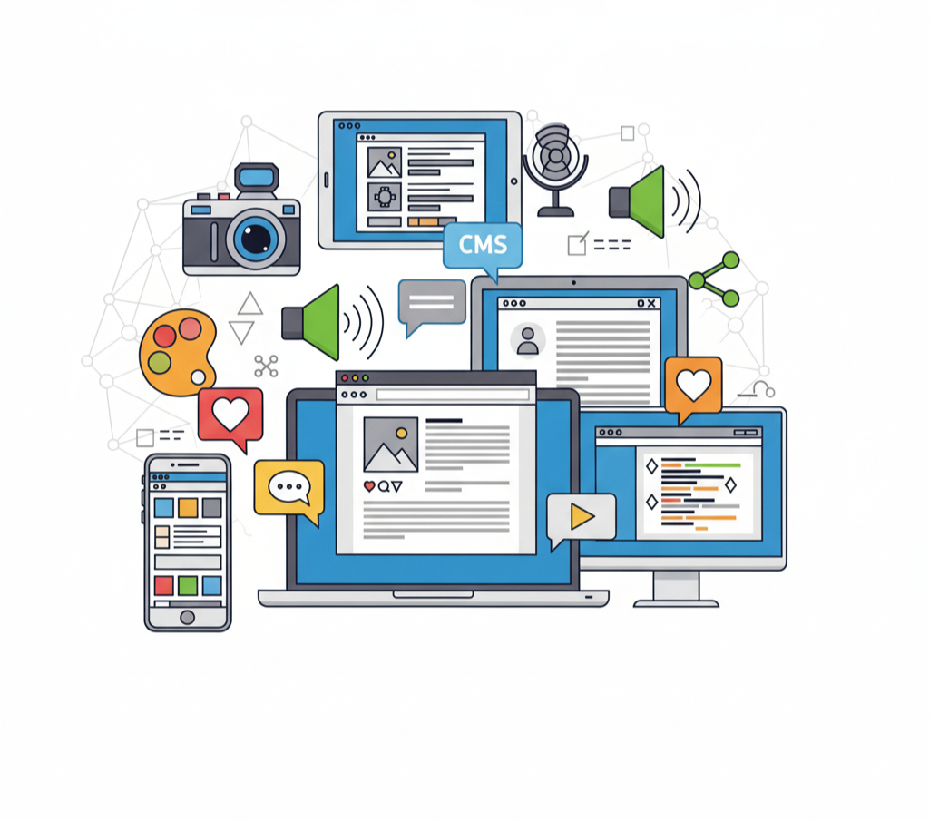 Multi-device CMS and digital media management illustration