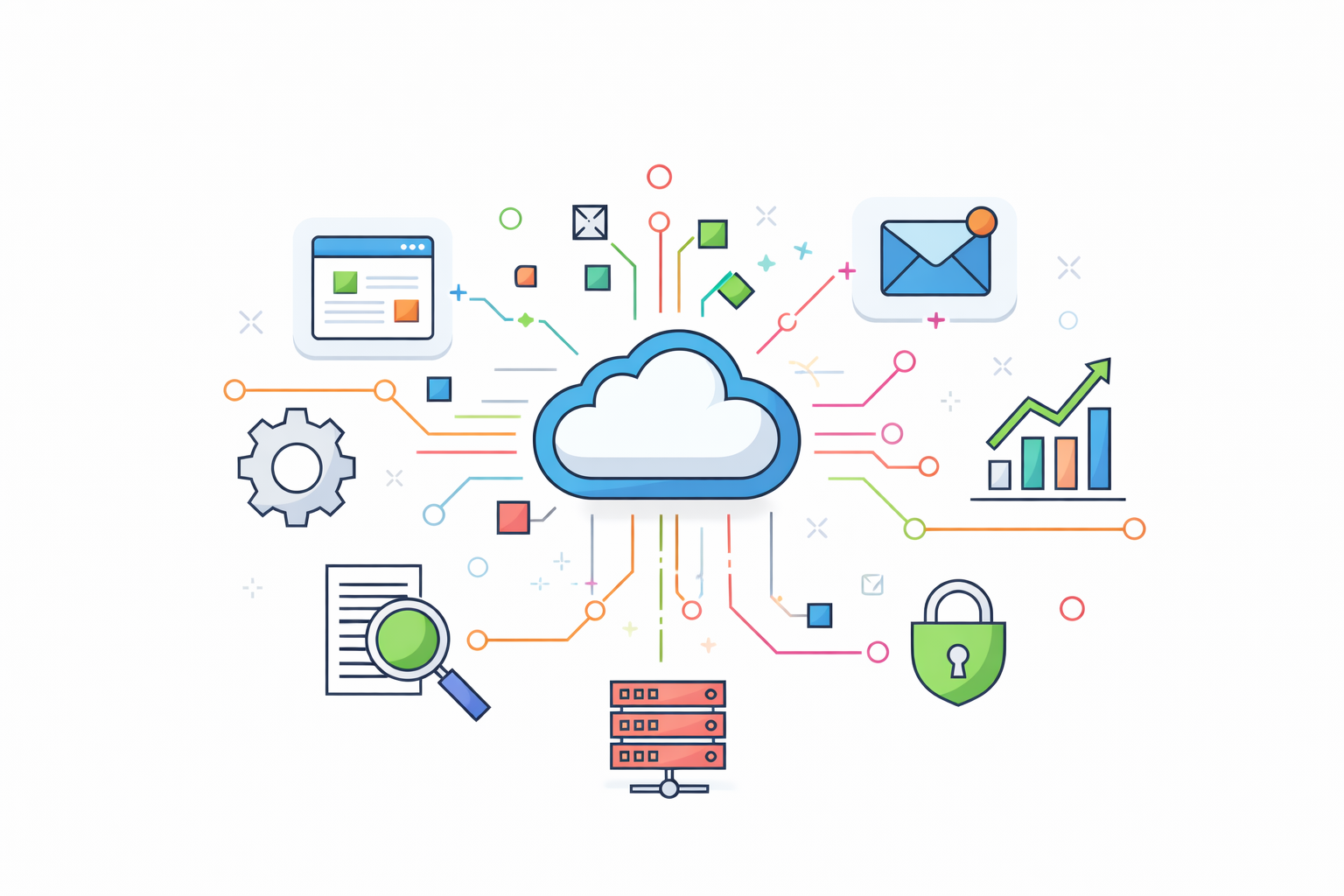 Digital infrastructure illustration showing cloud hub connected to web, email, analytics, security, and server services