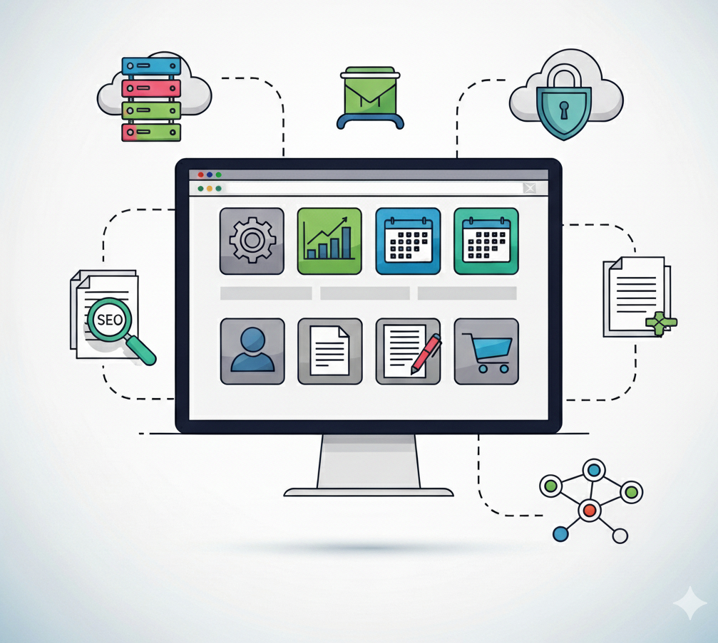 Website management dashboard illustration showing CMS, SEO, analytics, calendar, and cloud tools