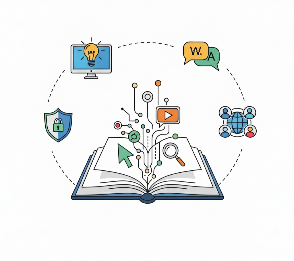 Digital literacy illustration showing an open book with technology icons — shield, lightbulb, video, globe, and cursor