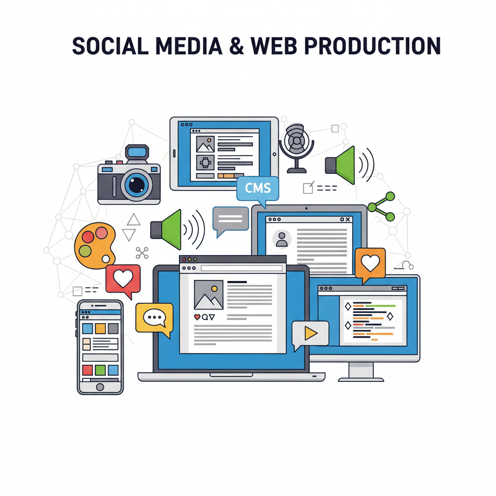 Social media and web production illustration showing multi-device content creation with camera, CMS, and media tools